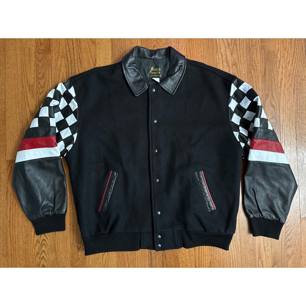 Saxon Men's Leather Bomber Jacket-‎ Black Red White Checkered Sleves- Size Large